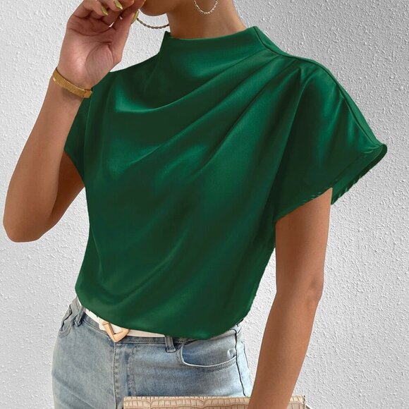 Green Party Women's Mock Neck Batwing Sleeve Satin Blouse - Picture 5 of 6